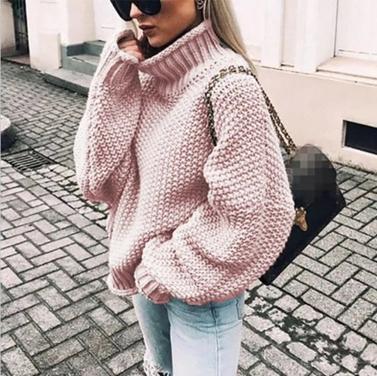 Adelaide | Women's Chunky Knit Turtleneck Sweater - Size:XS;Color:Light Pink