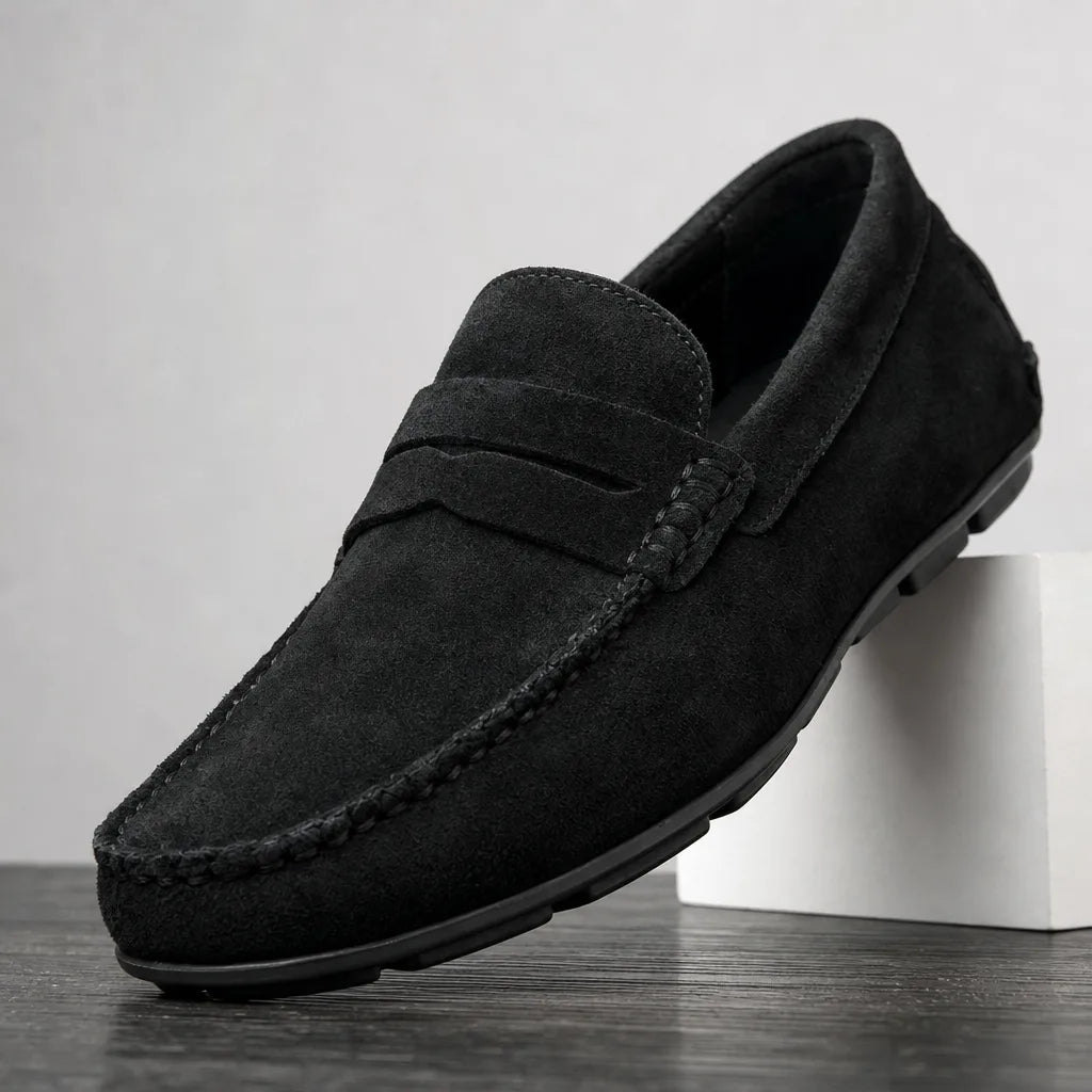 Campbell | Men's Suede Penny Loafers - Color:Black;Size:39