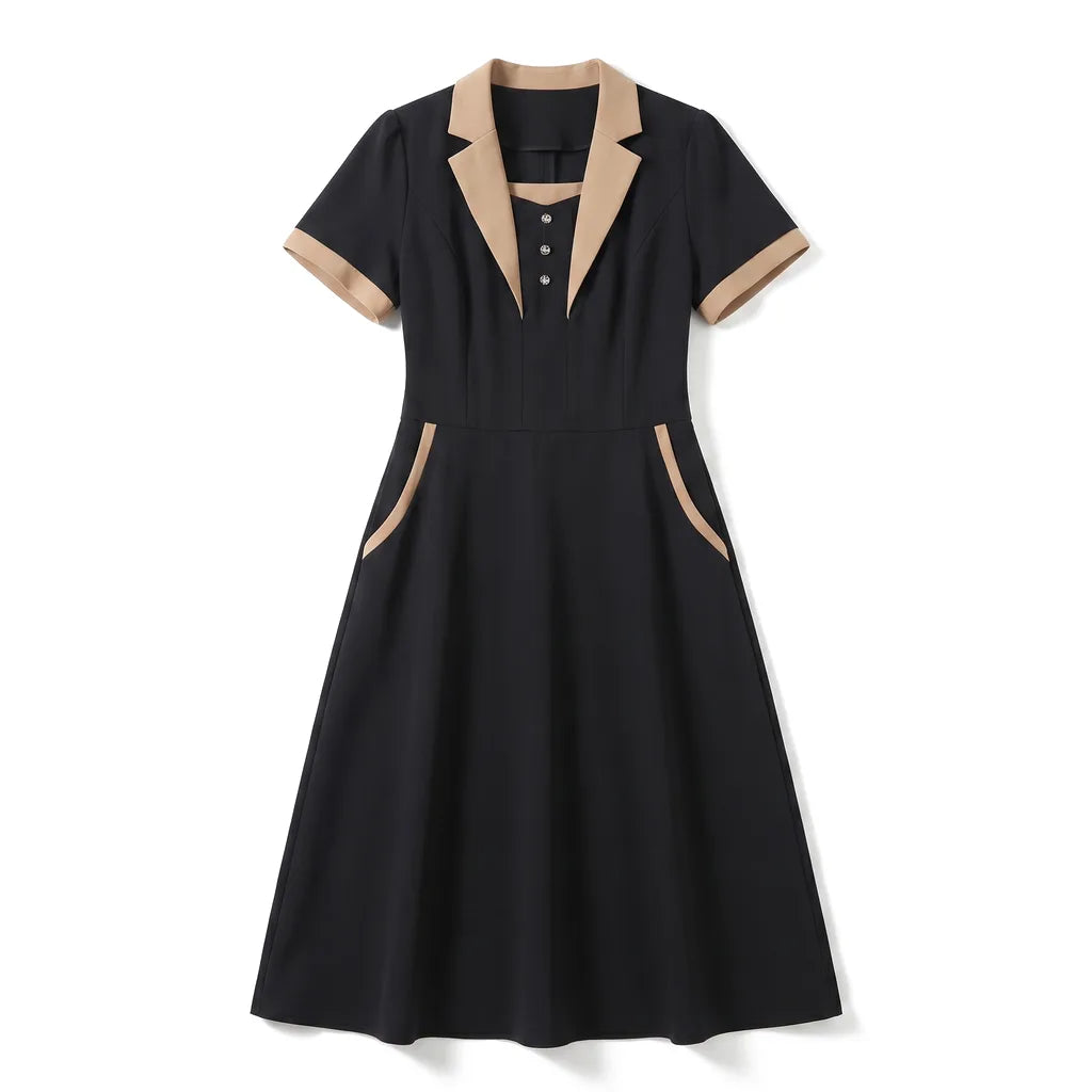 Carolina | Women's Elegant Lapel Midi Dress - Color:Black;Size:S