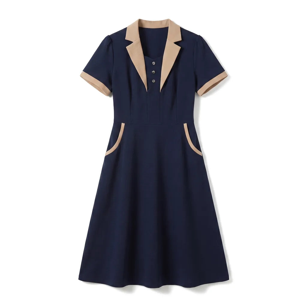 Carolina | Women's Elegant Lapel Midi Dress - Color:Navy;Size:S