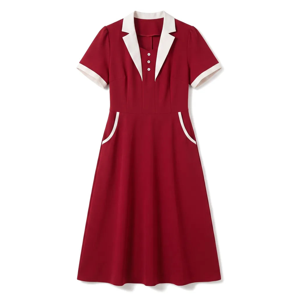 Carolina | Women's Elegant Lapel Midi Dress - Color:Red;Size:S