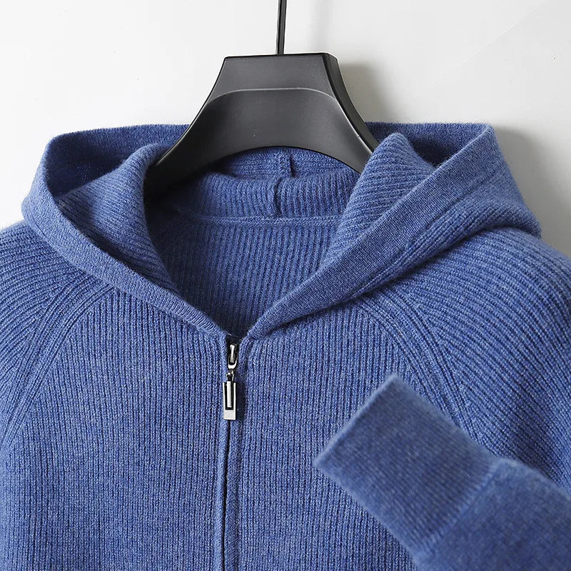 Men's Blue Dominic | Men's Genuine Cashmere Hooded Cardigan