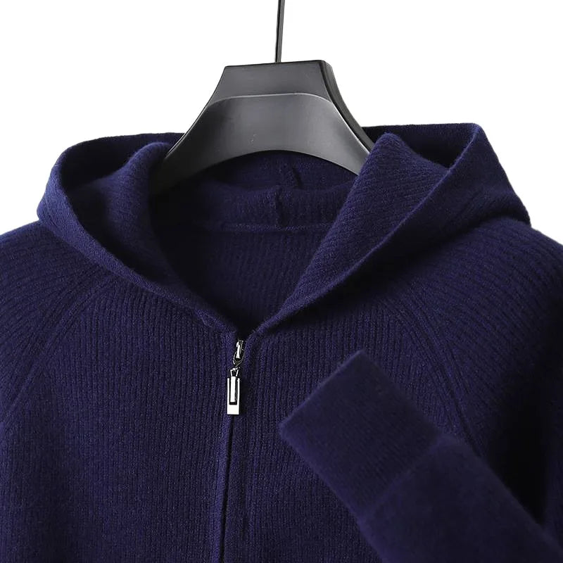 Dominic | Men's Genuine Cashmere Hooded Cardigan - Navy Blue