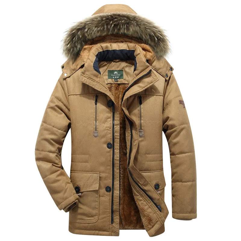 Tyler | Men's Hooded Fur Trench Coat - Color:Khaki;Size:M