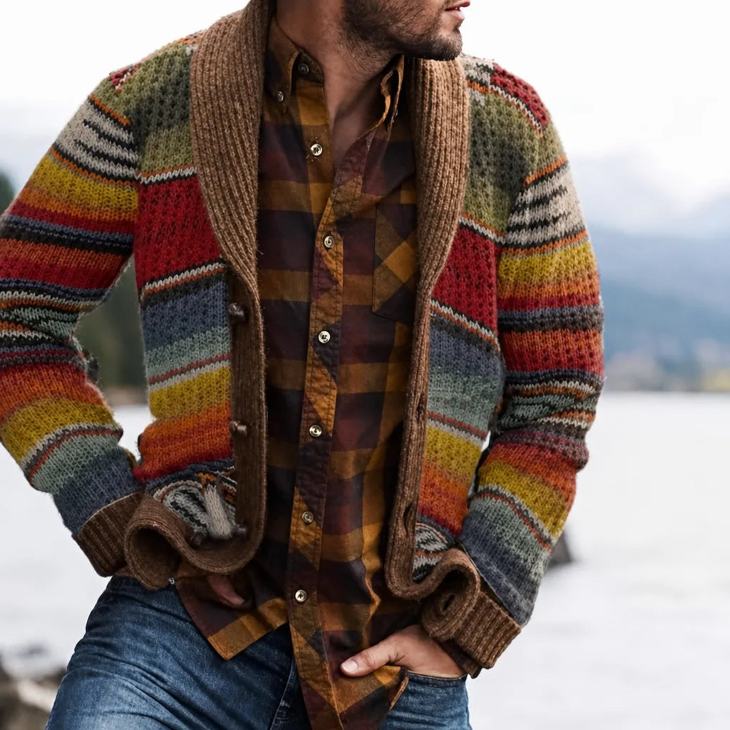 Cameron | Men's Striped Knit Cardigan - Size:S;Color:Brown