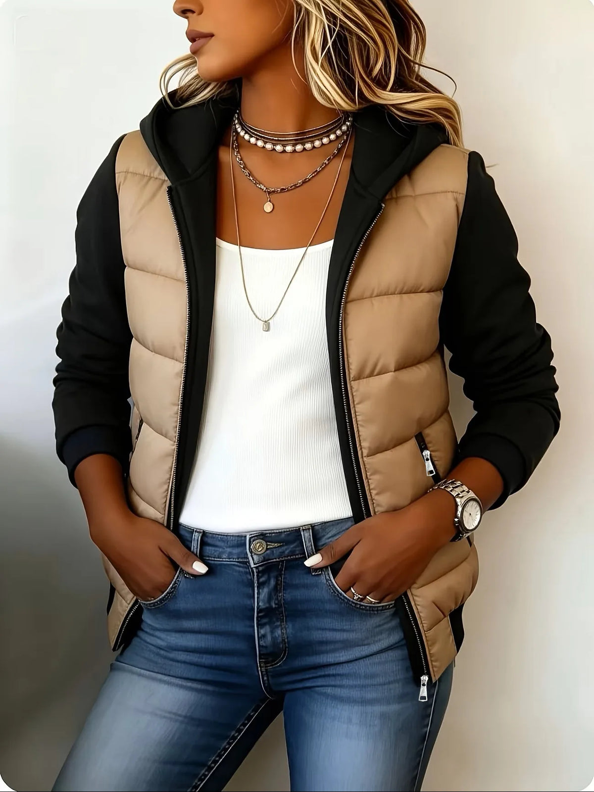 Camilla | Women's Hooded Padded Coat - Color:Khaki/Black;Size:XS