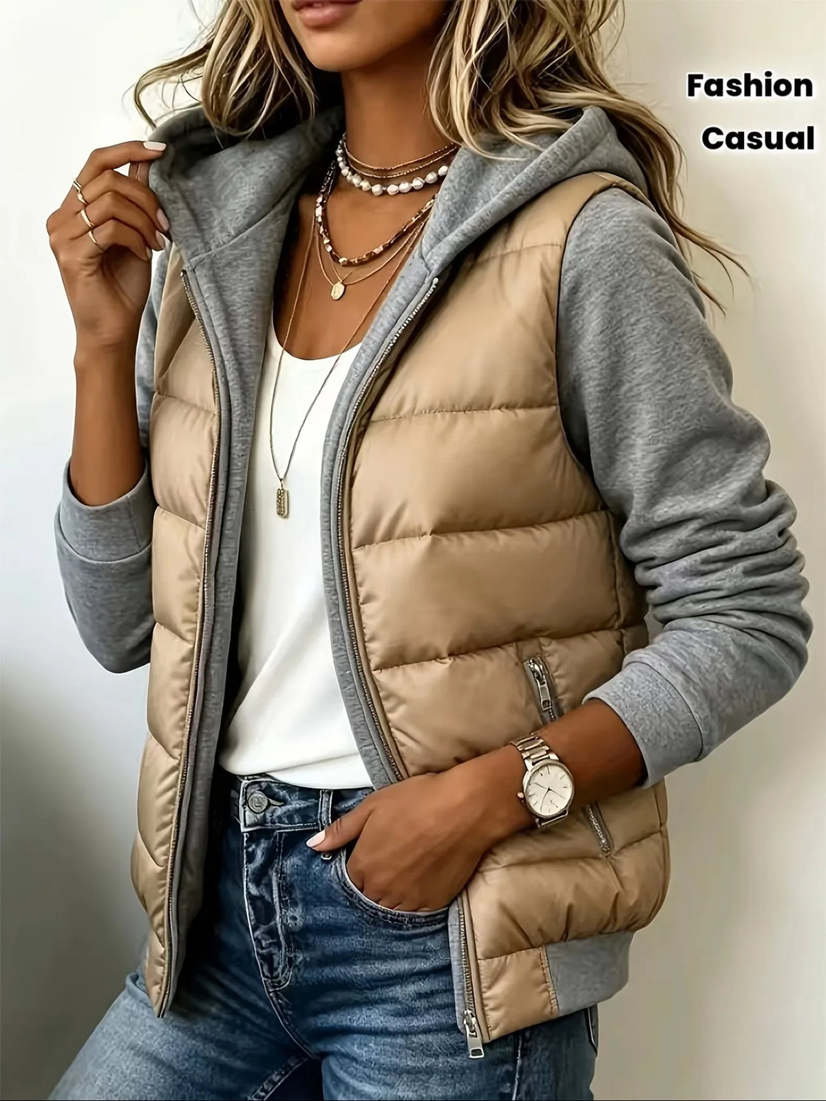 Camilla | Women's Hooded Padded Coat - Color:Khaki/Gray;Size:XS