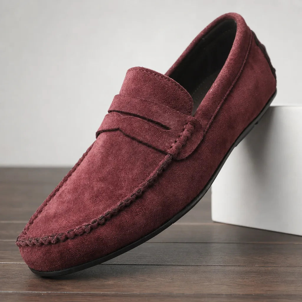 Campbell | Men's Suede Penny Loafers - Color:Burgundy;Size:39