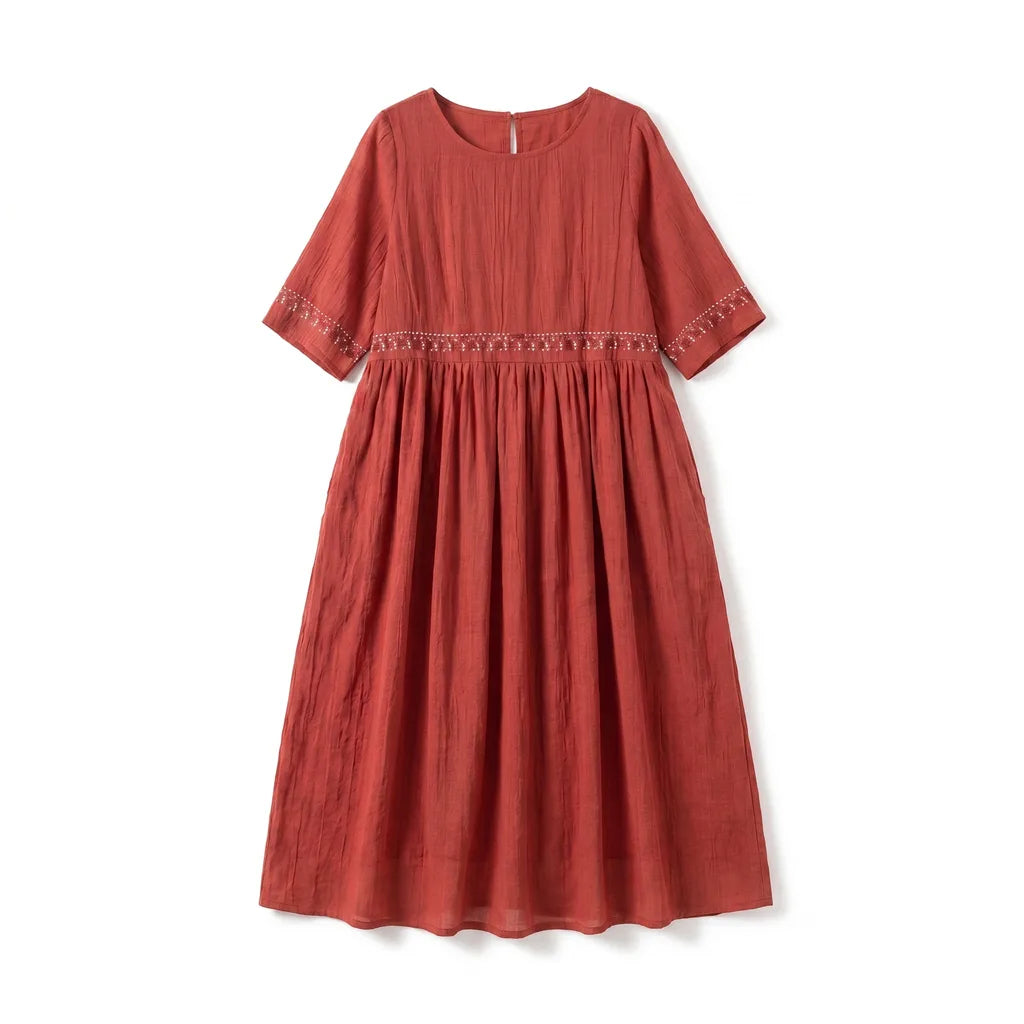 Emmy | Women's Retro Cotton Midi Dress - Color:Brick Red;Size:S